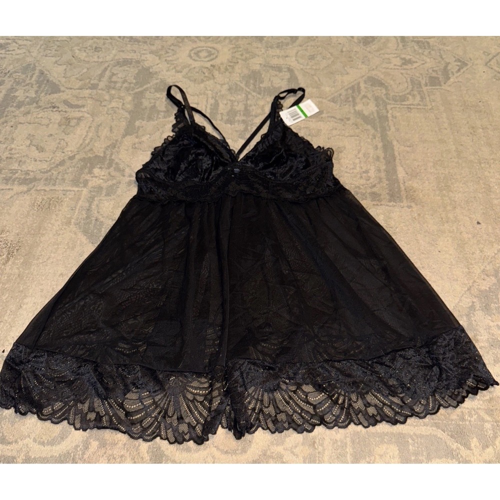 Cassandra Womens Lingerie Black Lace Babydoll 2 Pc Gown / Panties Thong Sz Large